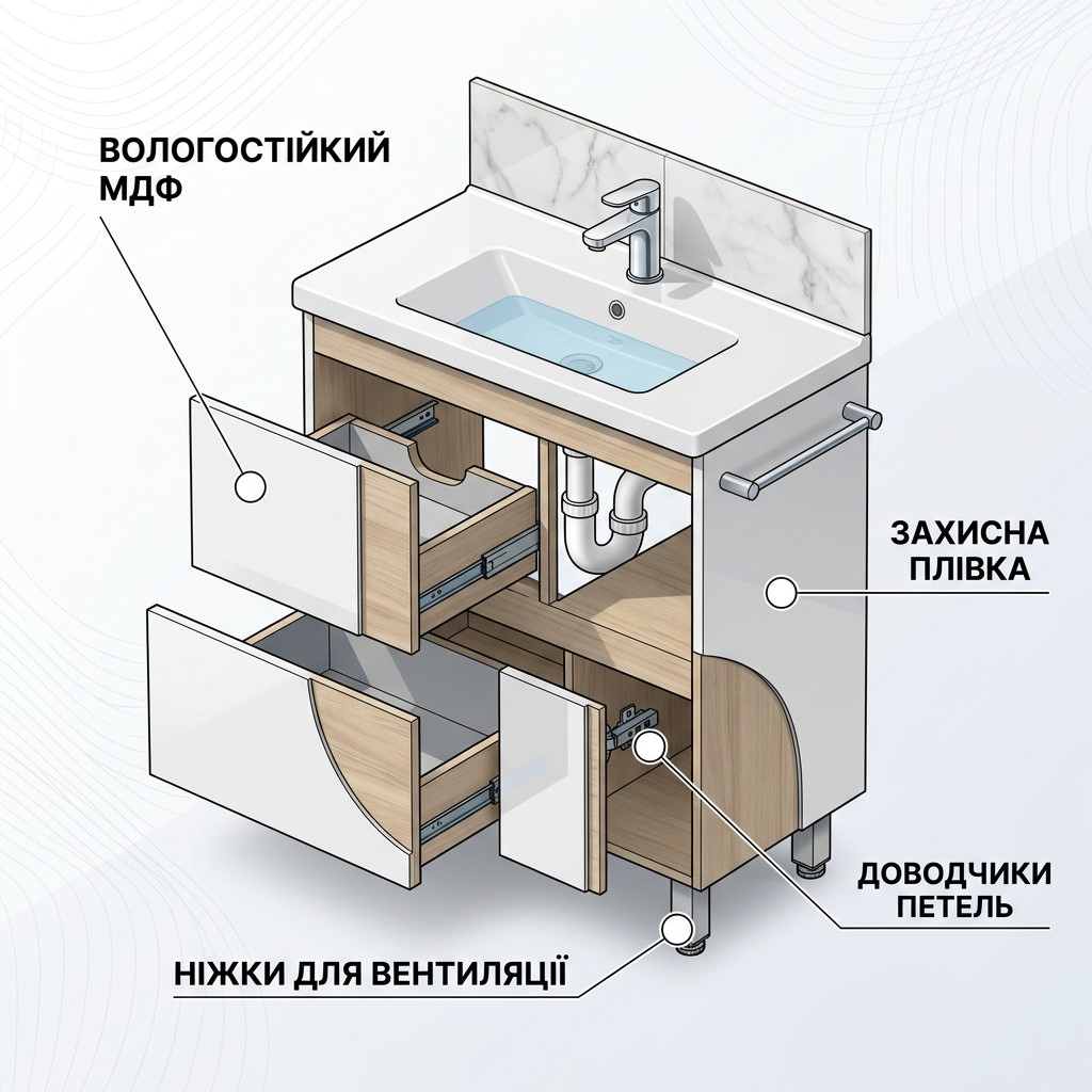 Схема конструкції та захисту тумби для ванної